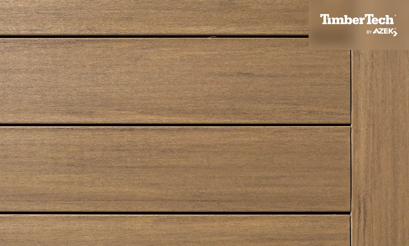 Dura-Azek Weathered Teak 100% kunststof vlonderplanken van dichtbij met natuurlijke houtnerf – TimberTech AZEK